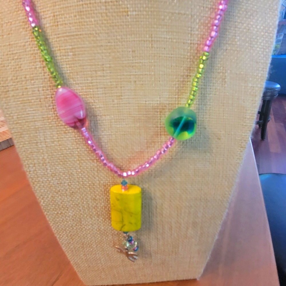 Pink and green beaded dragonfly necklace signed JBB